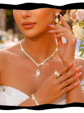 Rhinestones Bridal Wedding Jewelry Set Crystal Necklaces Earrings Bracelet Ring